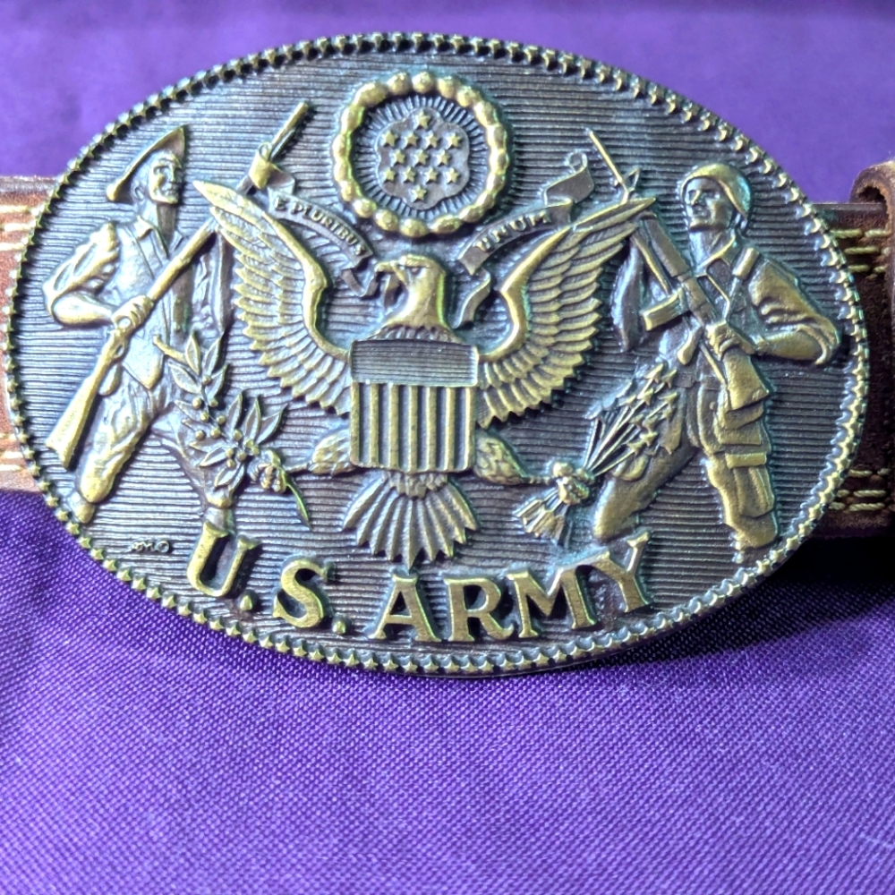 Vintage Us Army Belt Buckle By ADM W/Genuine Leather Wolverine Belt #282